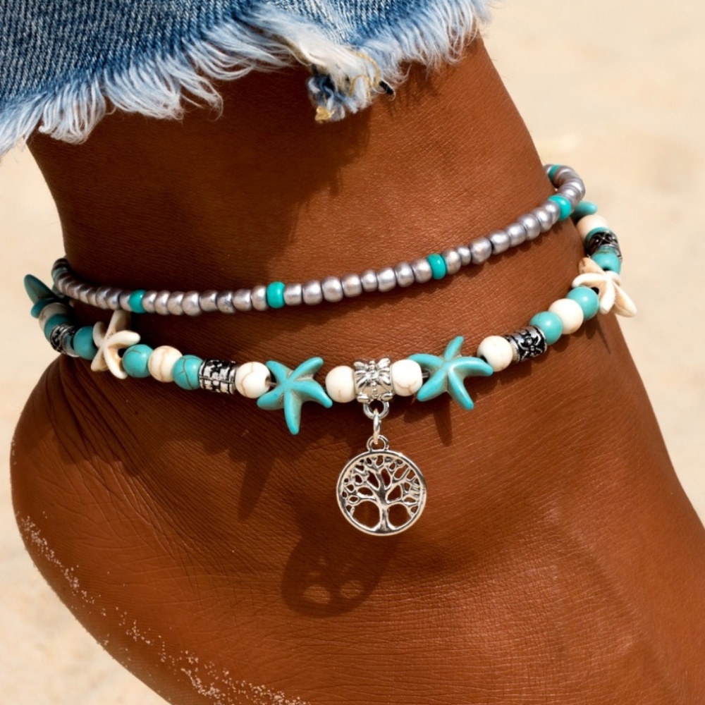 5 for $25 Turquoise White And Gray Star Anklet - Picture 5 of 6